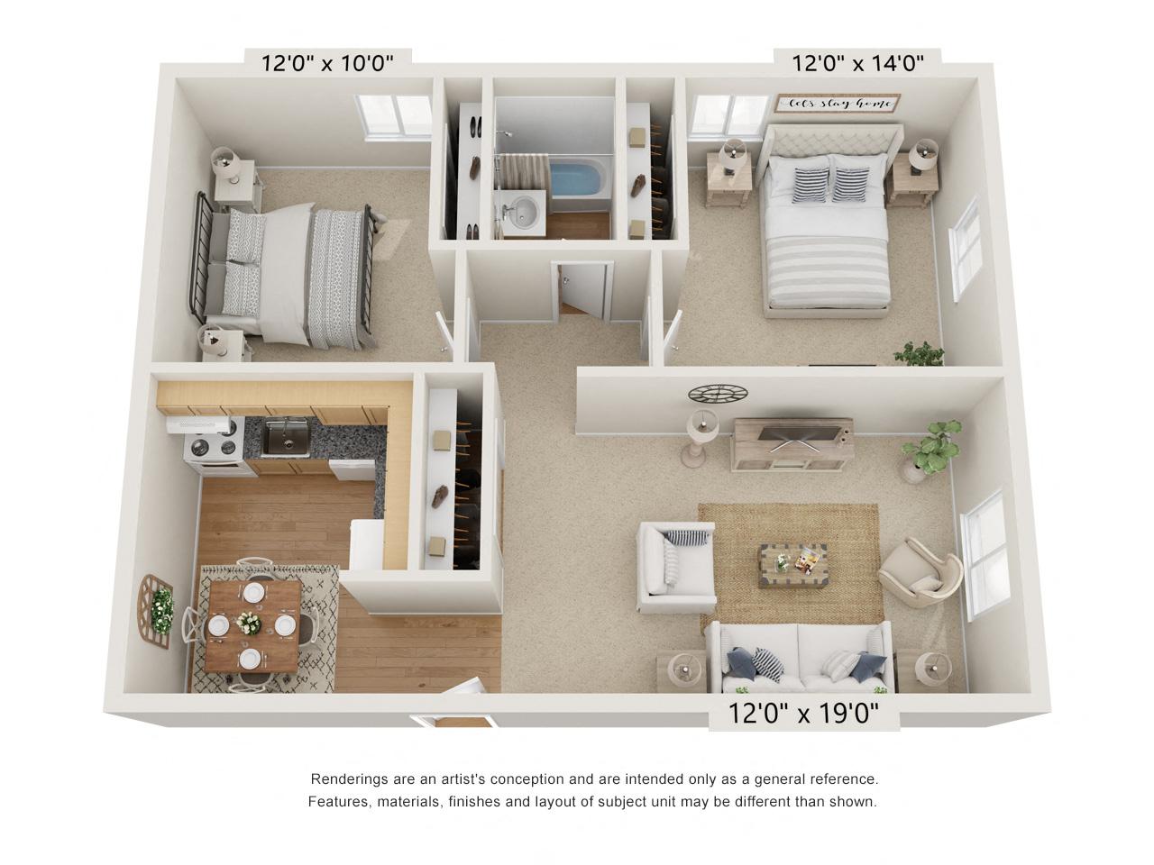 Floor plan for 2 beds, 1 bath, 786 sqft